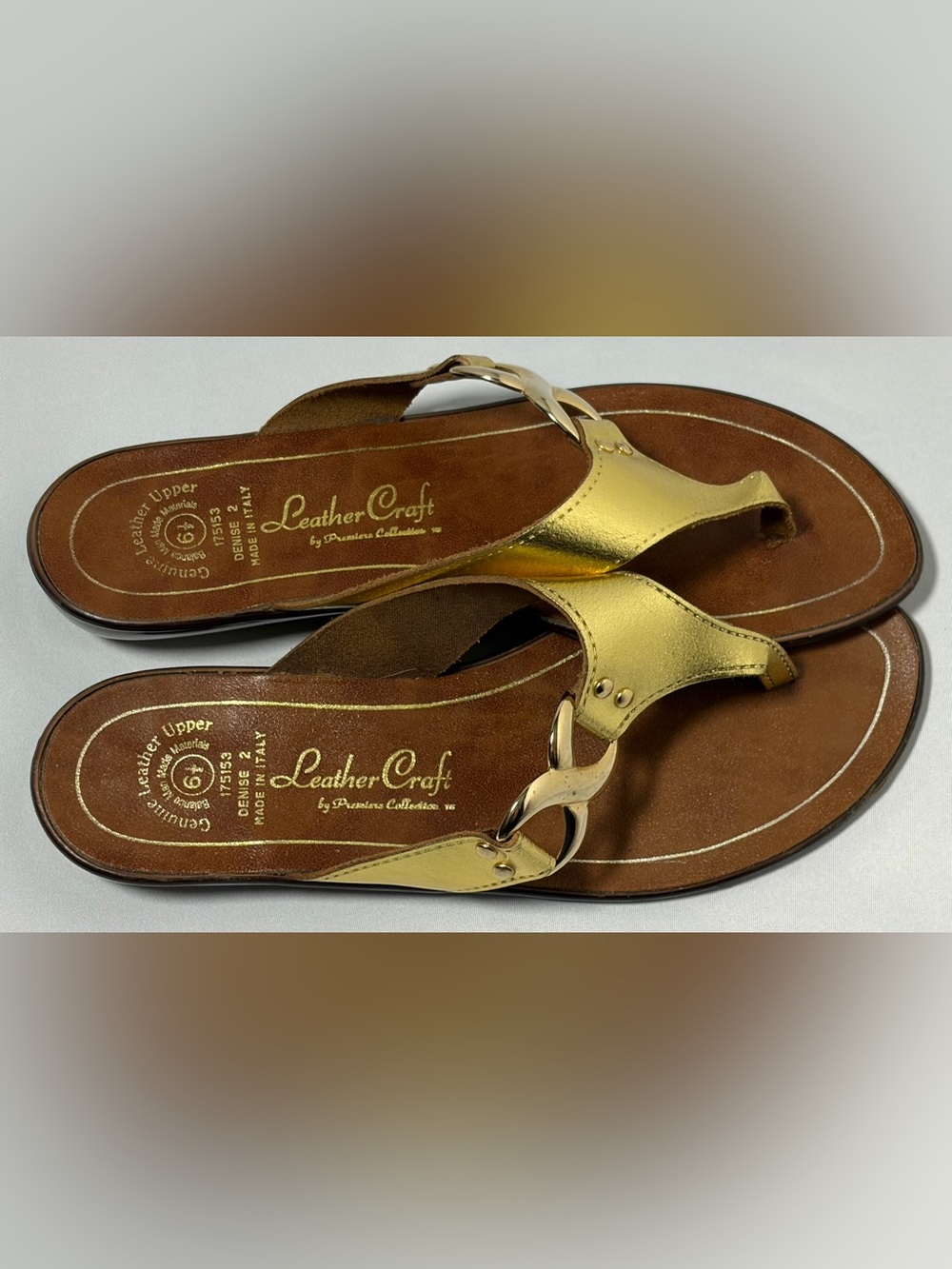 Leather Craft by Premiere Collection Gold Thong Sandals Women's 6.5 Genuine Nice